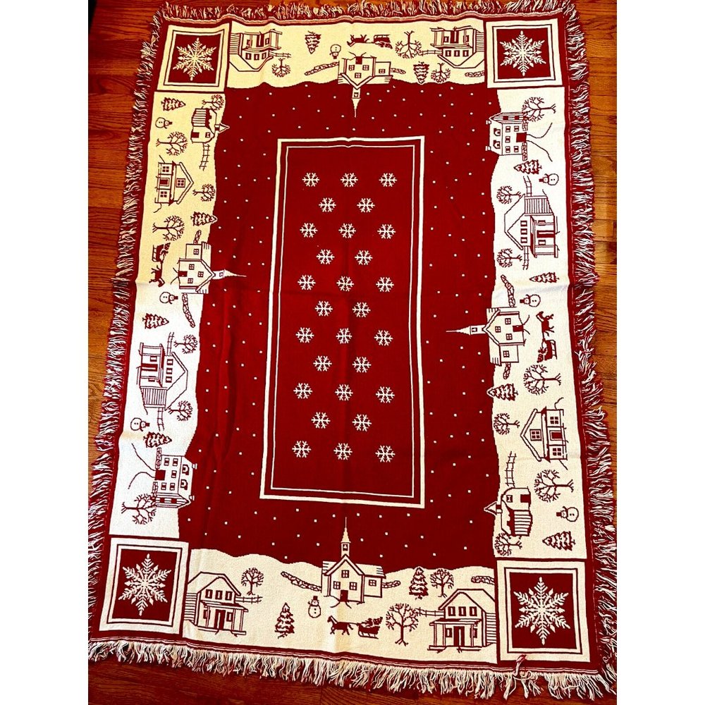 VTG Woven Blanket Christmas Village Red & Off-White Fringed Reversible